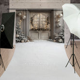 Aperturee - Aperturee Rustic Grey Door Christmas Sweep Backdrop Flocked Trees and Snow Neutral Holiday Mini Session Floor Drop